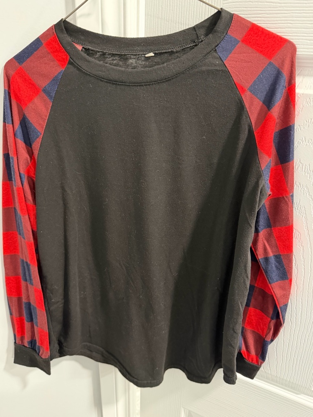 Maternity Black Raglan Top with Red & Navy Buffalo Plaid Sleeves
